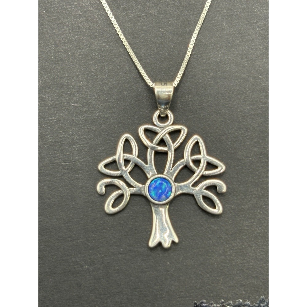 New Condition Sterling Silver Lab Blue Opal Celtic Tree Pendant Necklace
